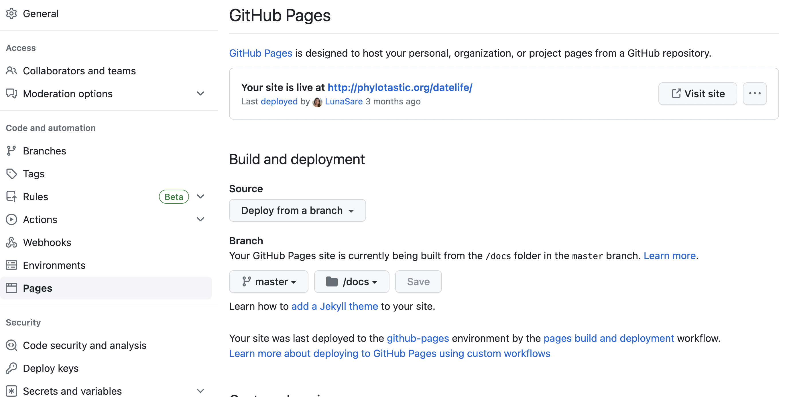 Activating Github Pages on a Repository